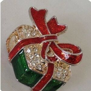 Vintage Signed BEST Christmas Present Brooch Pendant Enamel Rhinestone